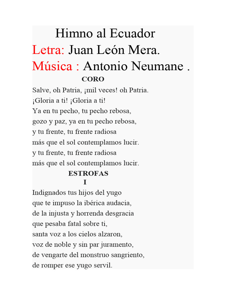Himno Nacional del Ecuador: Letra y Significado | PDF | Libros para ...