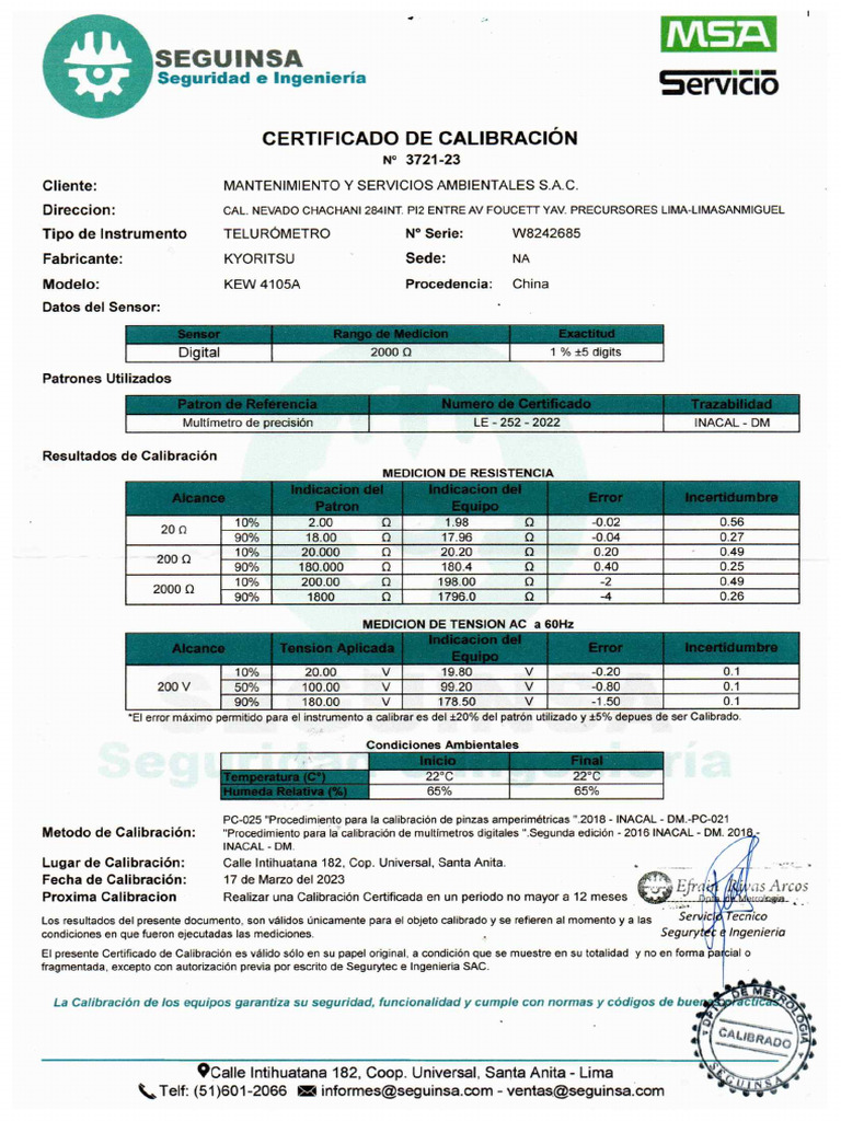 Cert. Calibracion N°372123 Telurometro Kyoritsu Kew 4105a PDF