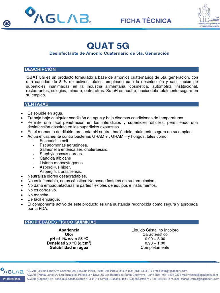Desinfectante QUAT 5G: Eficacia y Seguridad | PDF | Agua | Química