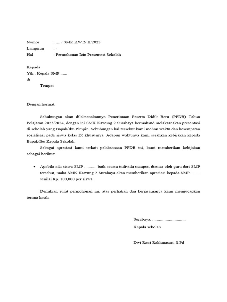 Surat Permohonan Presentasi Sekolah | PDF