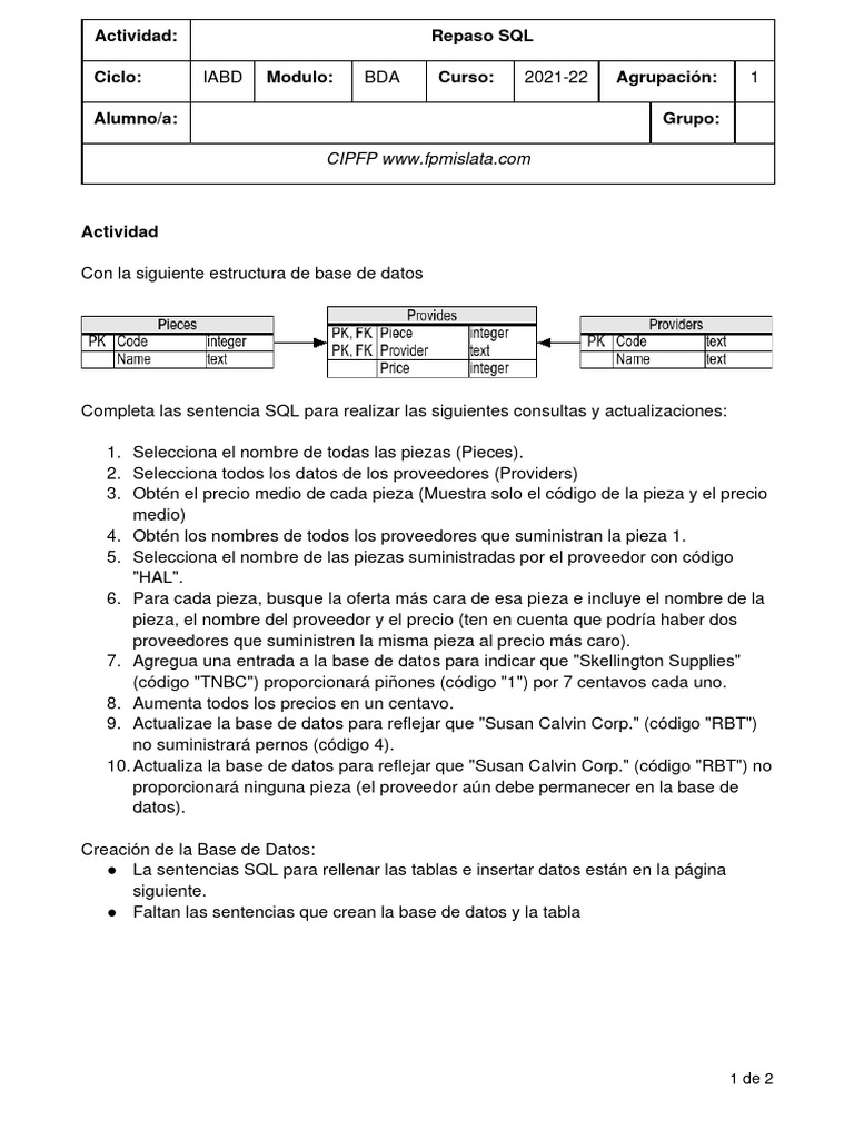 Consultas y Actualizaciones SQL BDA 2021-22 | PDF | SQL | Bases de datos