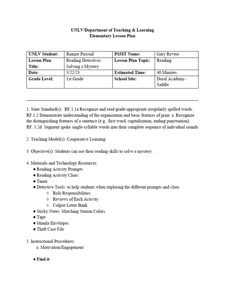 1st Grade Reading Mystery Lesson Plan | PDF | Language Arts & Discipline