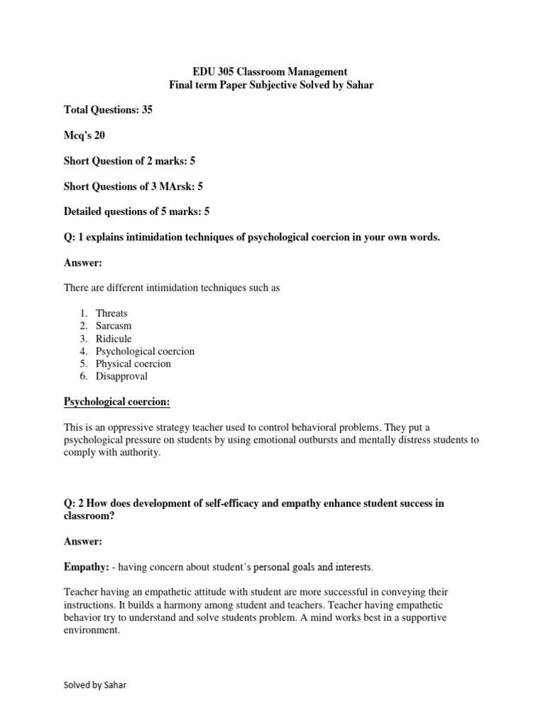 Edu305 final term papers pdf classroom management teachers