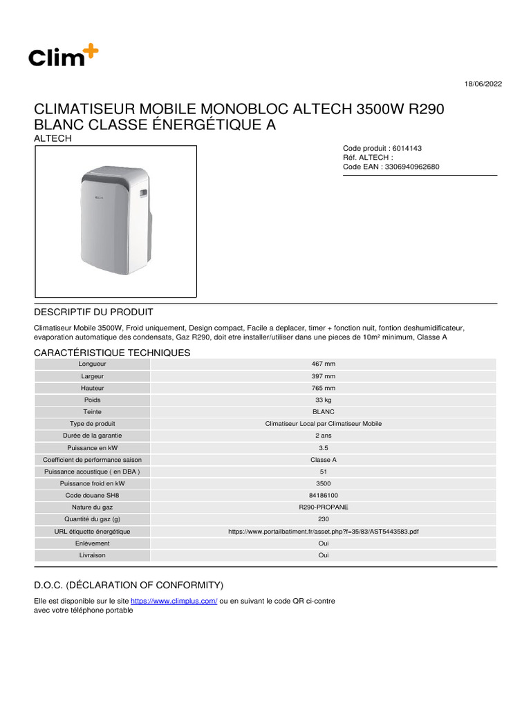 Climatiseur Mobile Altech 3500W R290 | PDF