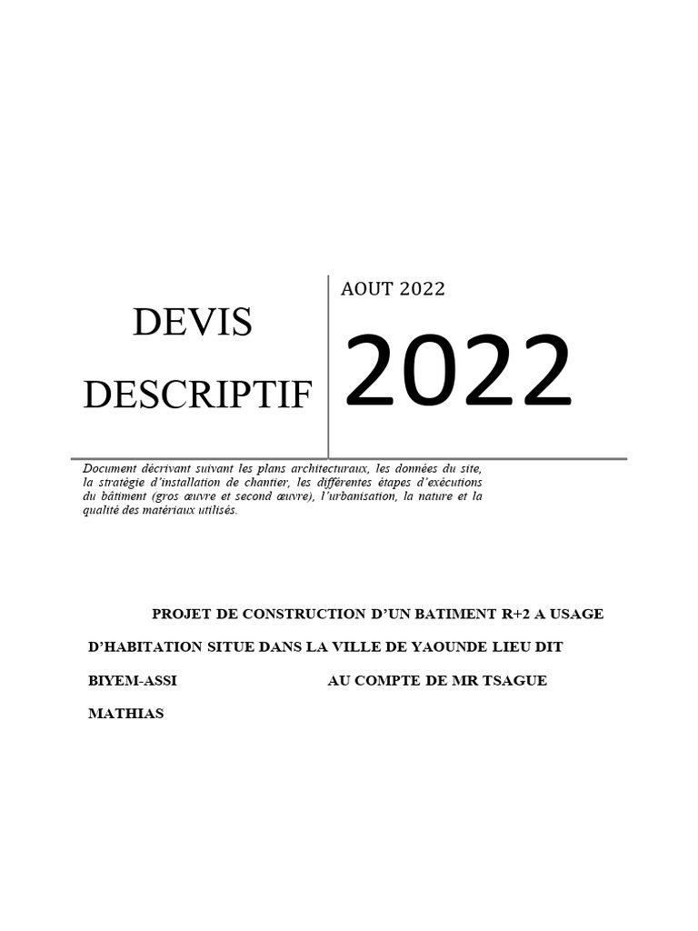 Devis descriptif bâtiment R+2 à Yaoundé | PDF | Béton | Mortier (matériau)