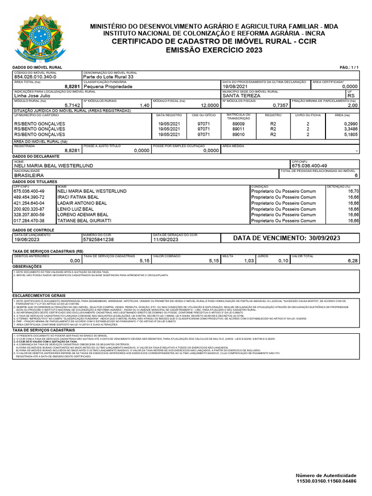 Certificado de cadastro de im vel rural ccir emiss o exerc cio 2023 pdf