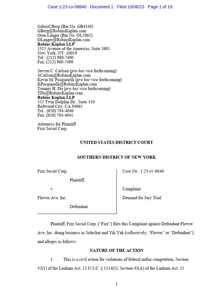 Fizz v. Flower Complaint PDF Legal Remedy Injunction