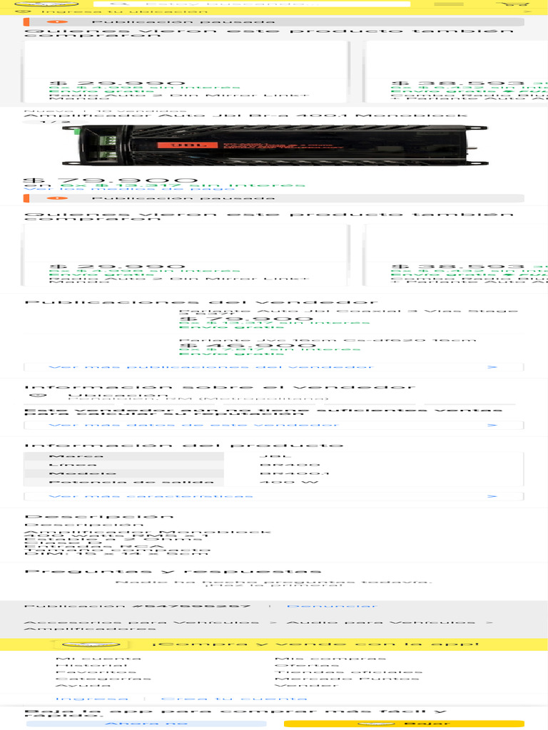 Amplificador Auto JBL BrA 400.1 Monoblock Cuot PDF Ingeniería de audio Tecnología de sonido