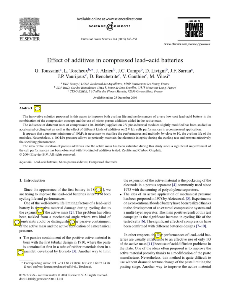 Effect of Additives in Compressed Lead Acid Batteries PDF Battery