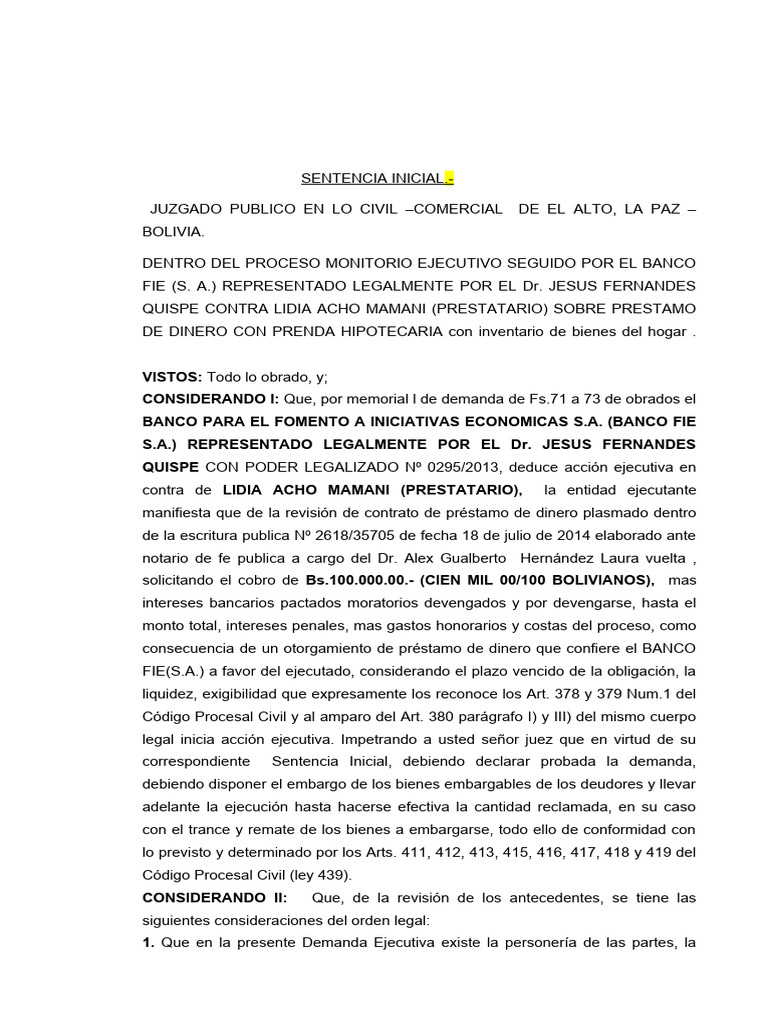 Sentencia Inicial Ejecutiva | PDF