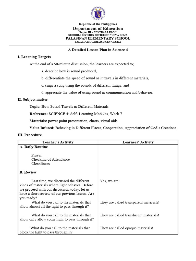 Sound Travel Lesson Plan for Grade 4 | PDF | Sound | Waves
