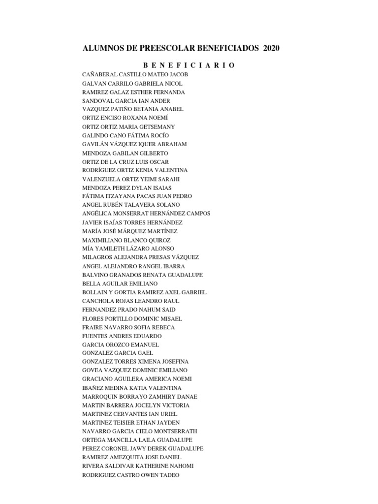 Alumnos De Preescolar Beneficiados 2020 B E N E F I C I A R I O PDF