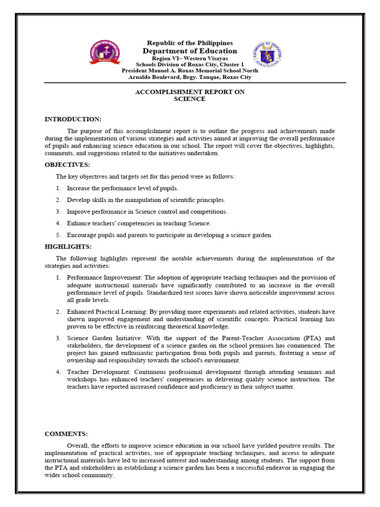 Accomplisment report science pdf