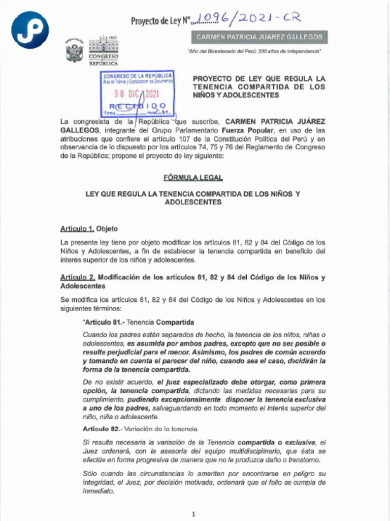 Proyecto de Ley Que Regula La Tenencia Compartida de Los Ninos y ...