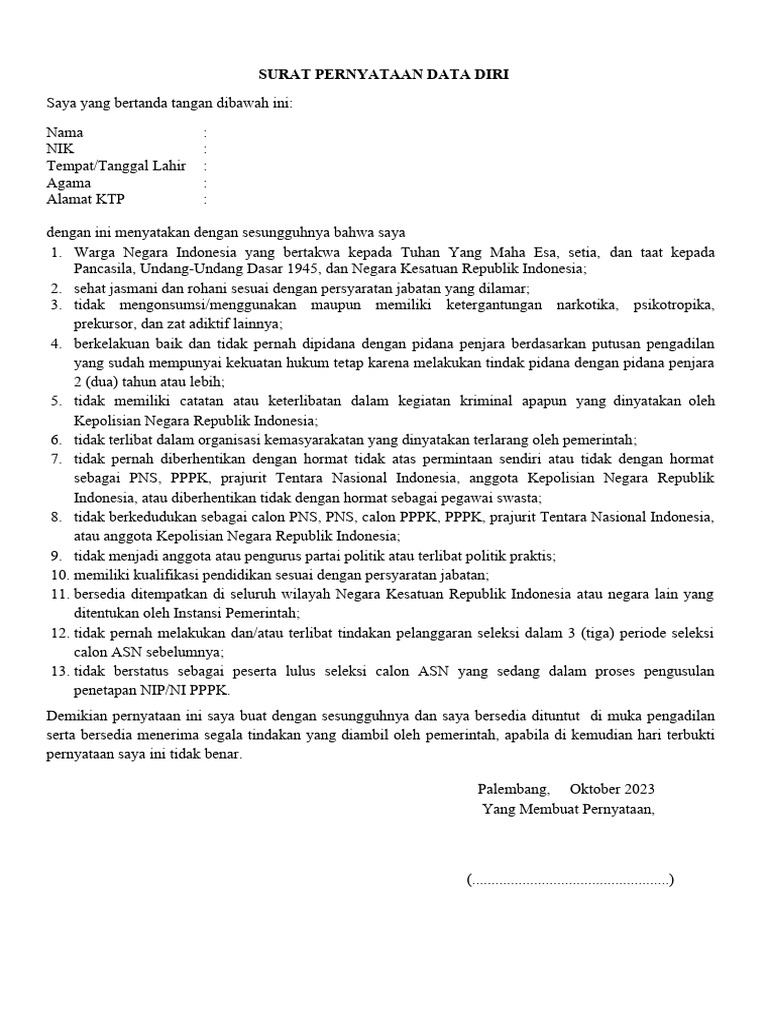 Surat Pernyataan Data Diri CPNS 2023 | PDF