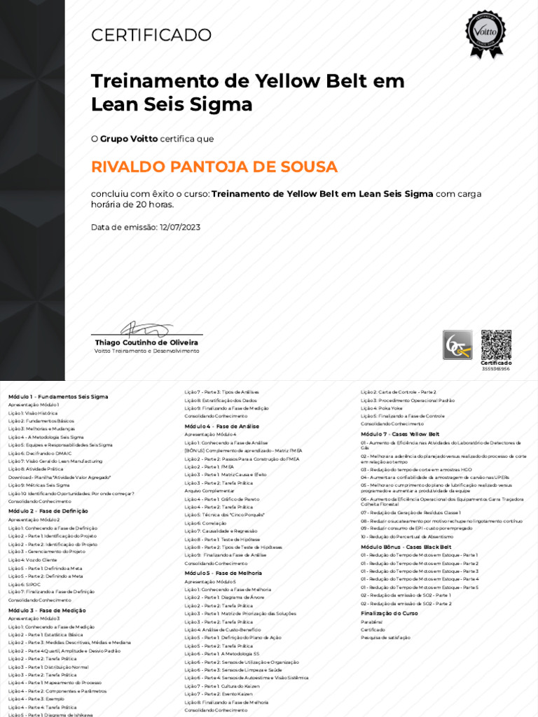 Certificado de Treinamento Yellow Belt | PDF | Seis Sigma