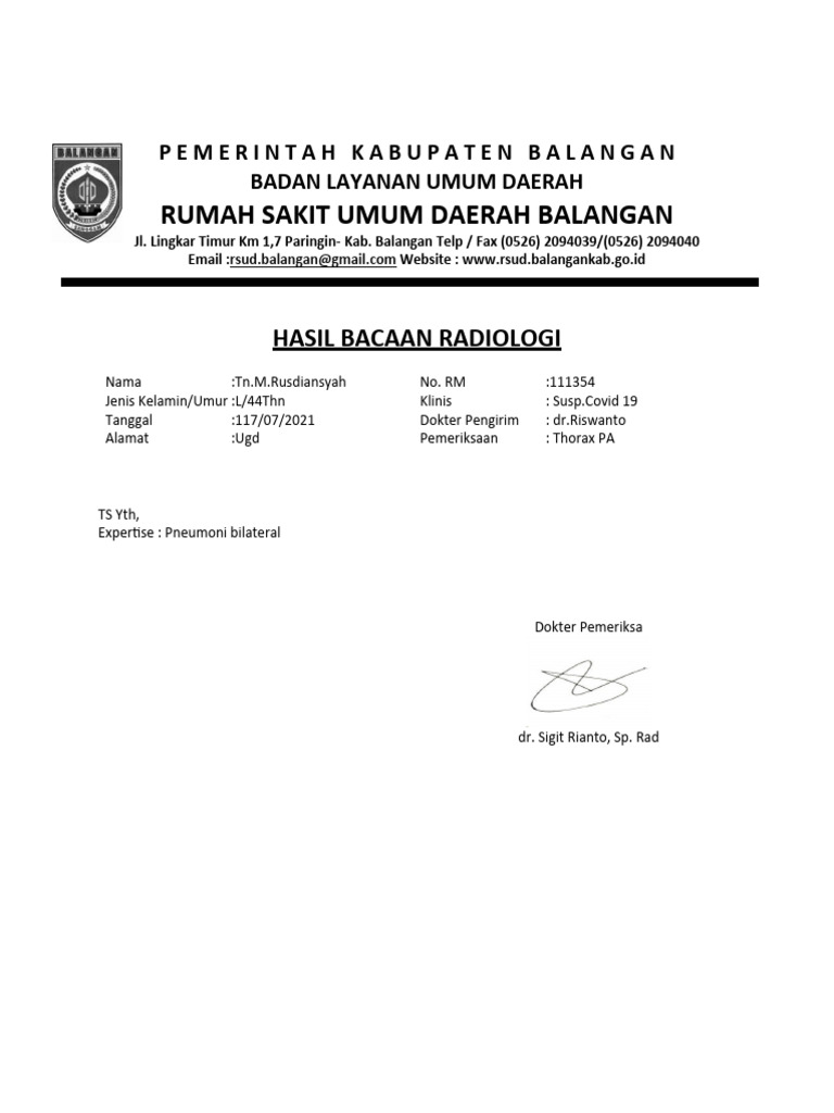 Rumah Sakit Umum Daerah Balangan: Hasil Bacaan Radiologi | PDF