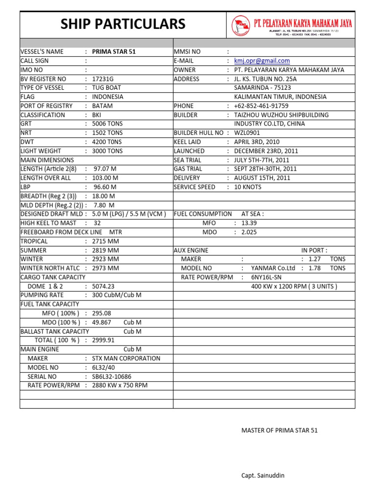 Ship Particulars | PDF | Ships | Freight Transport