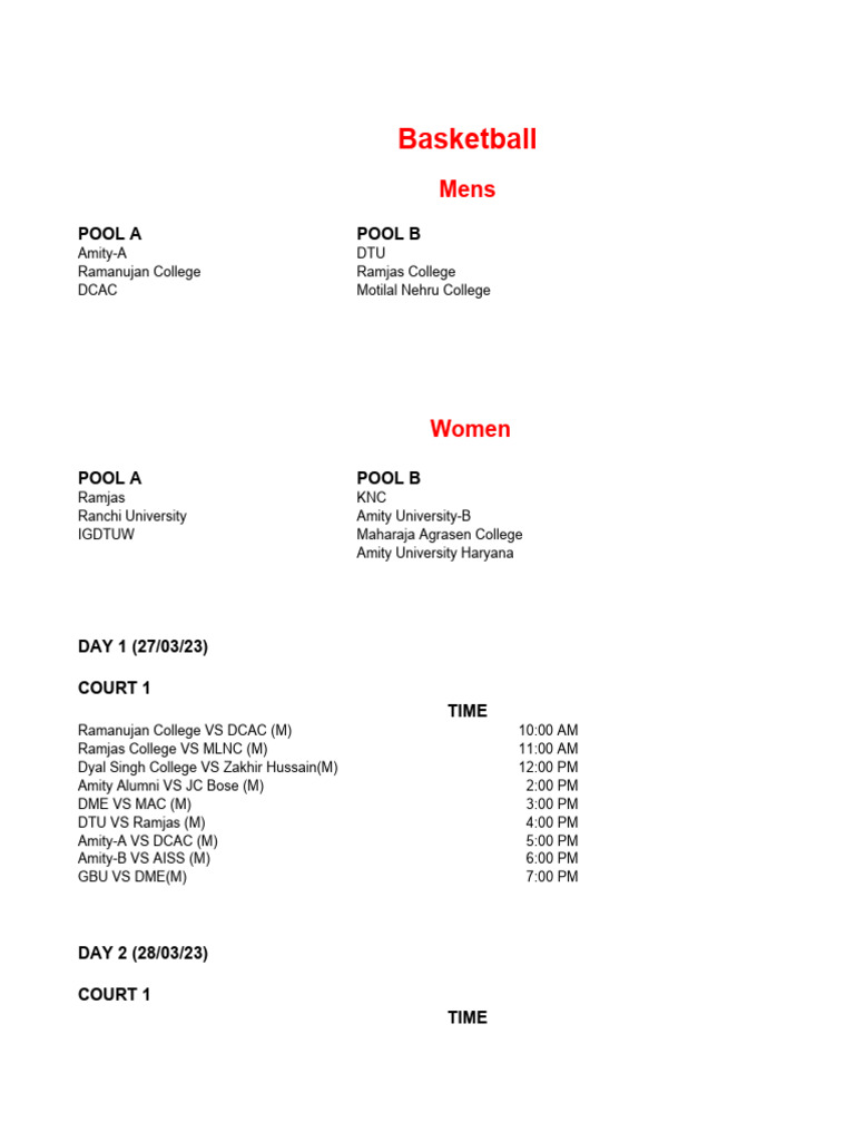 Basketball Fixtures PDF