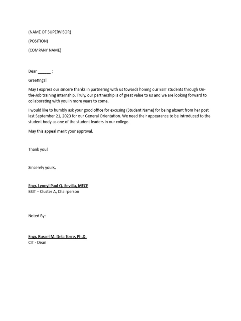 OJT Excuse Letter Template PDF