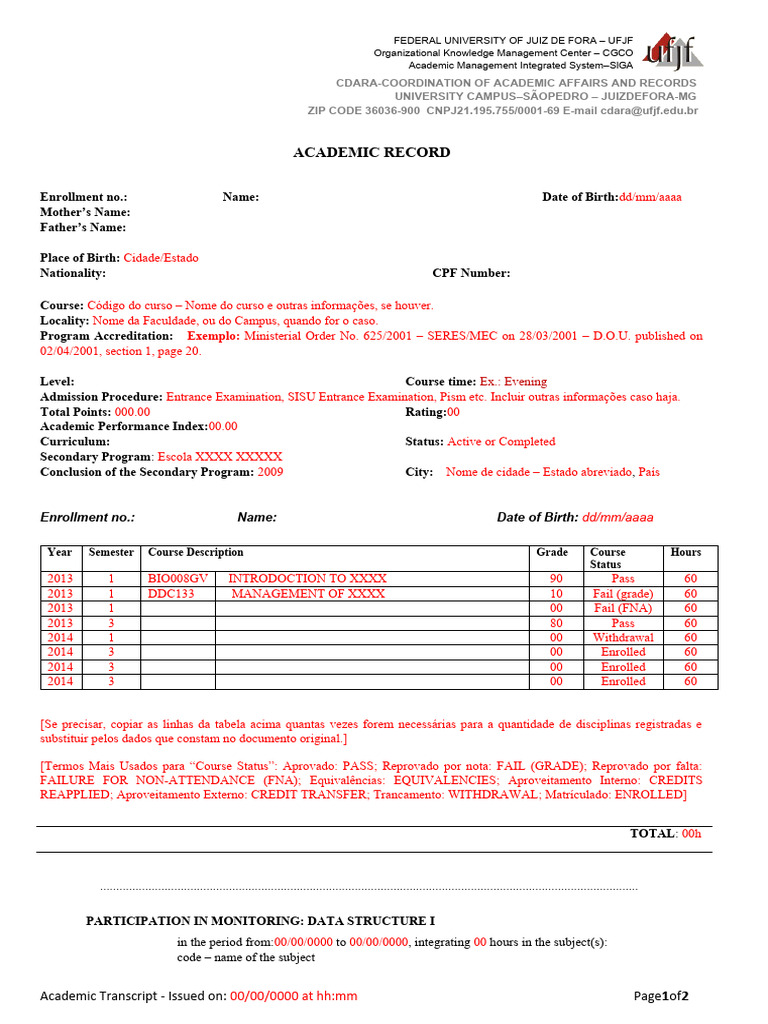 UFJF Academic Record and Transcript | PDF