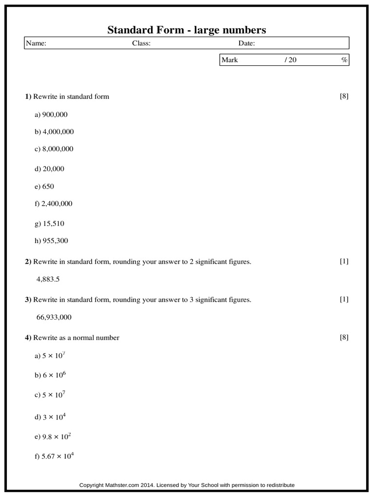 Revision Chapter 1 Standard Form Large Numbers PDF
