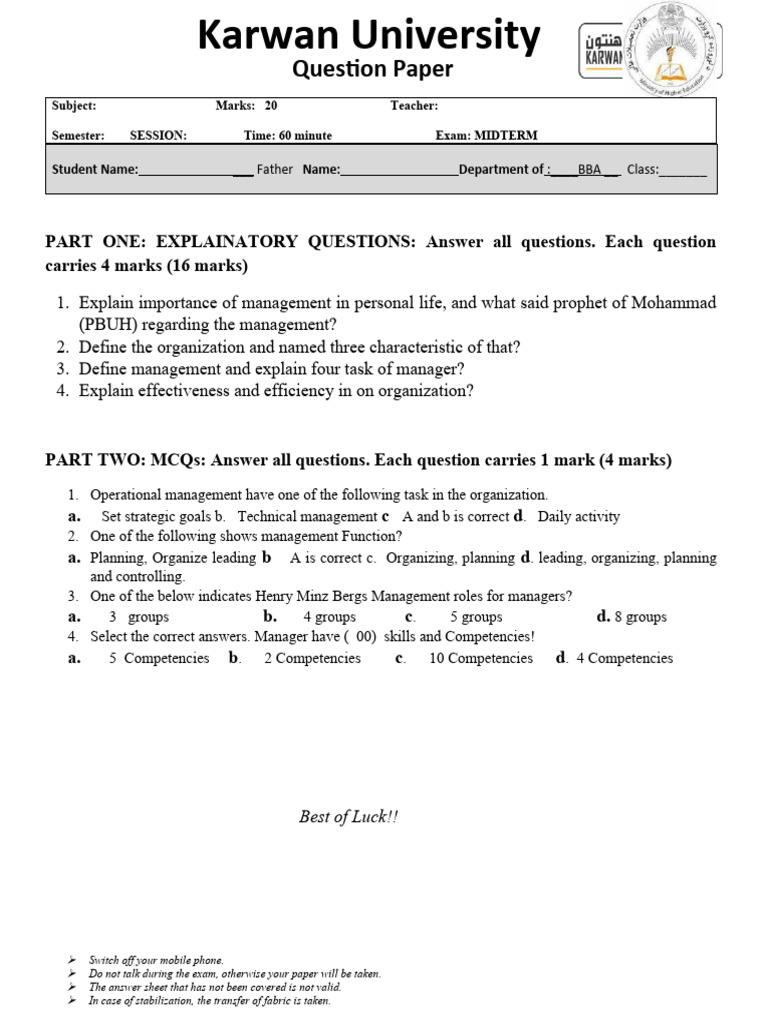 Midterm Exam Paper Pattern 1 | PDF