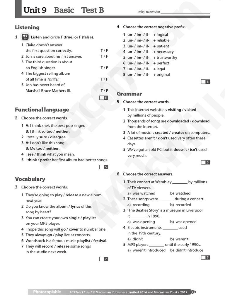 All Clear kl7 Unit9 Basic Test B | PDF | Language Arts & Discipline