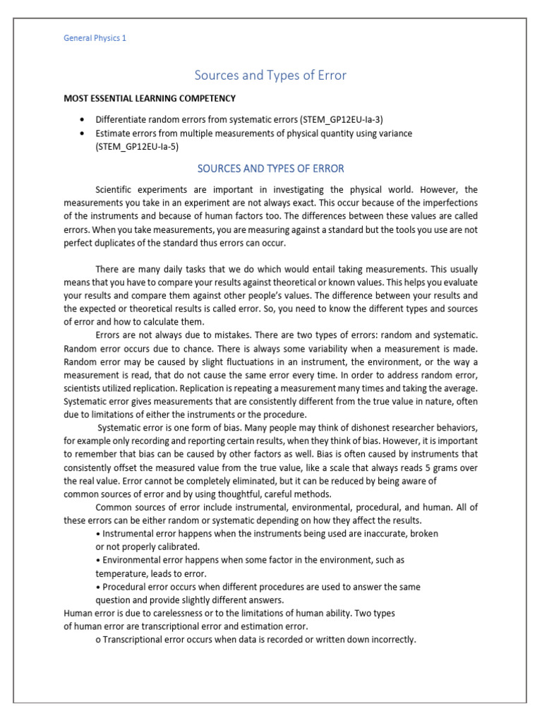 Sources and Types of Error Gen Physics 1 | PDF | Teaching Methods ...