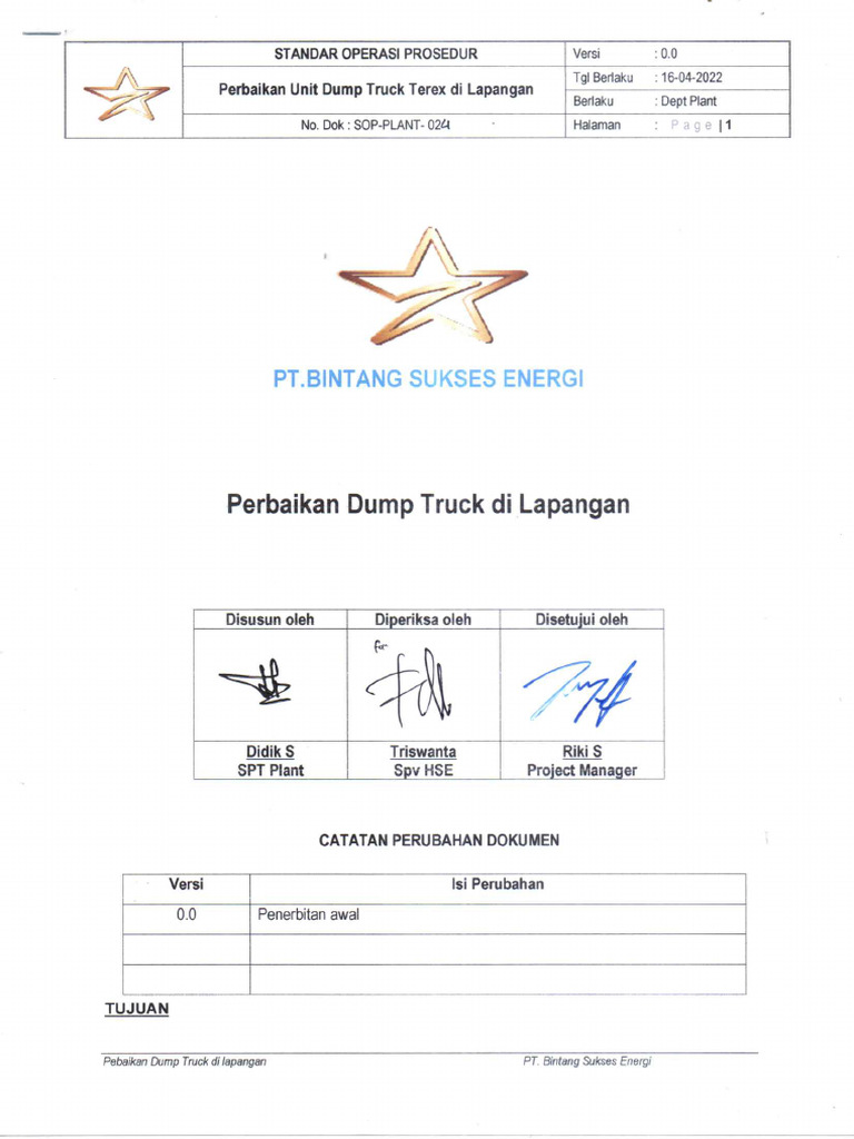 024. SOP Perbaikan Dump Truck di Lapangan | PDF