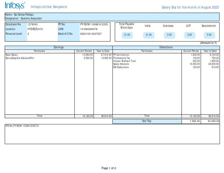 Infosys Salary Slip - August 2023 | PDF | Taxes | Government Finances