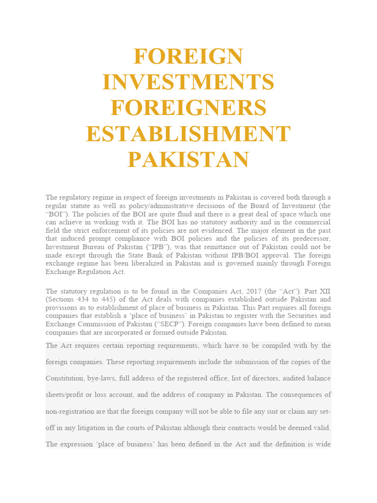 Foreign Investments Foreigners Establishment Pakistan PDF Notary