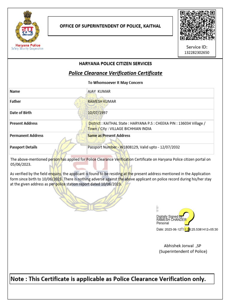 Police Clearance Verification Certificate: Office of Superintendent of ...