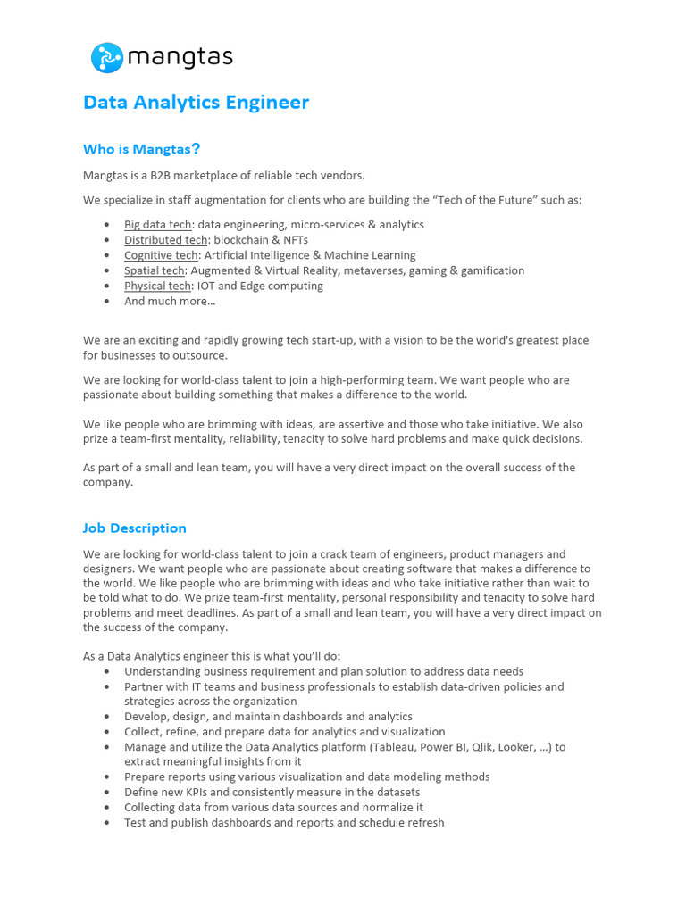 Data Analytics Engineer at Mangtas | PDF | Analytics | Data