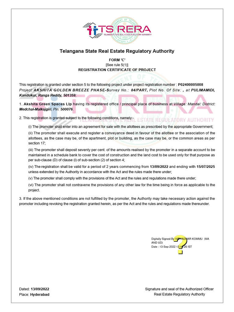 RERA Registration Certificate for Akshita | PDF | Legal Documents ...