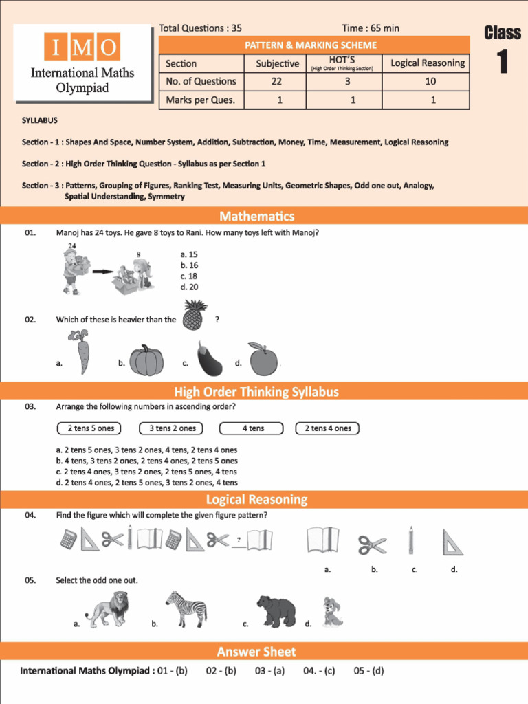 IMO Class 1 Sample Paper | PDF