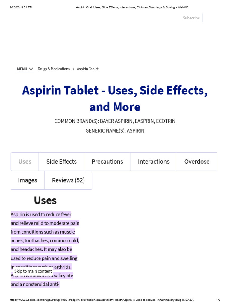 Aspirin Oral Uses, Side Effects, Interactions, Pictures, Warnings