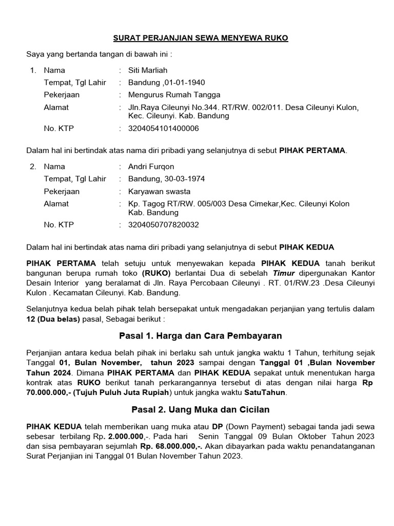 SURAT PERJANJIAN SEWA MENYEWA RUKO - Barat | PDF