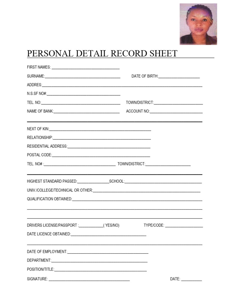 PERSONAL DETAIL RECORD SHEET PDF