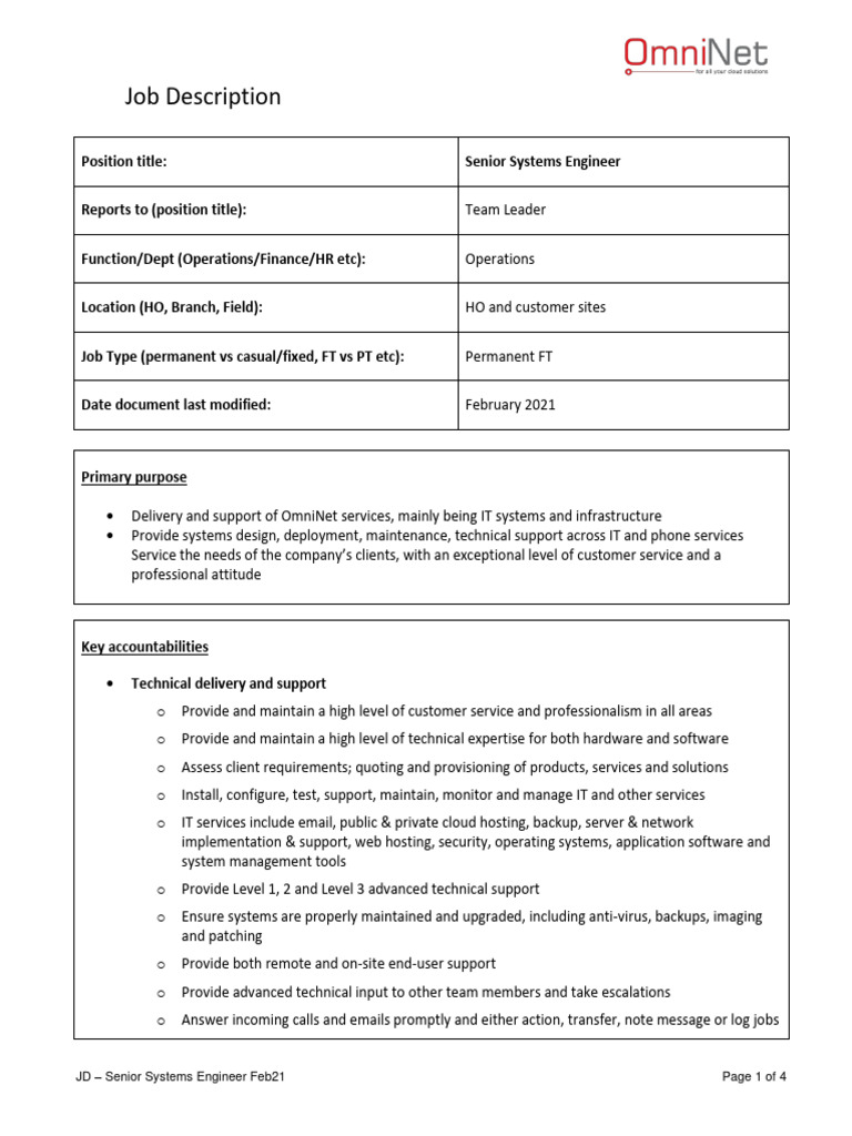 Senior Systems Engineer Job Description | PDF | Information Technology ...