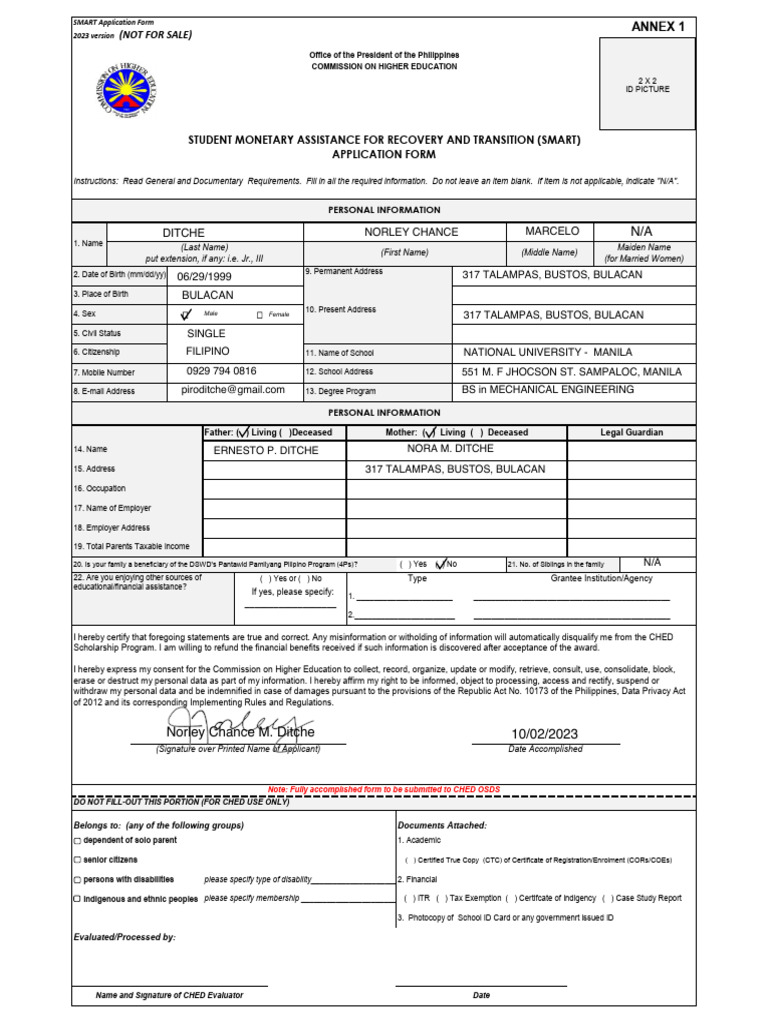 CHED SMART Scholarship Application Form | PDF