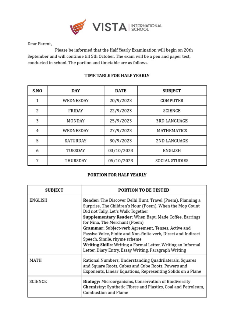 Half Yearly Exam Schedule & Portions | PDF