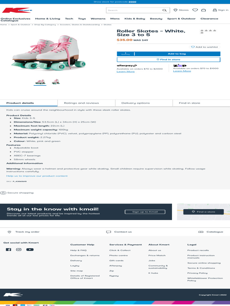 Roller Skates White, Size 3 to 5 Kmart PDF