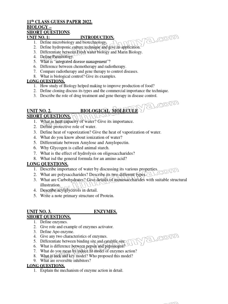 11th CLASS BIOLOGY GUESS PAPER 2022 PDF Fungus Enzyme