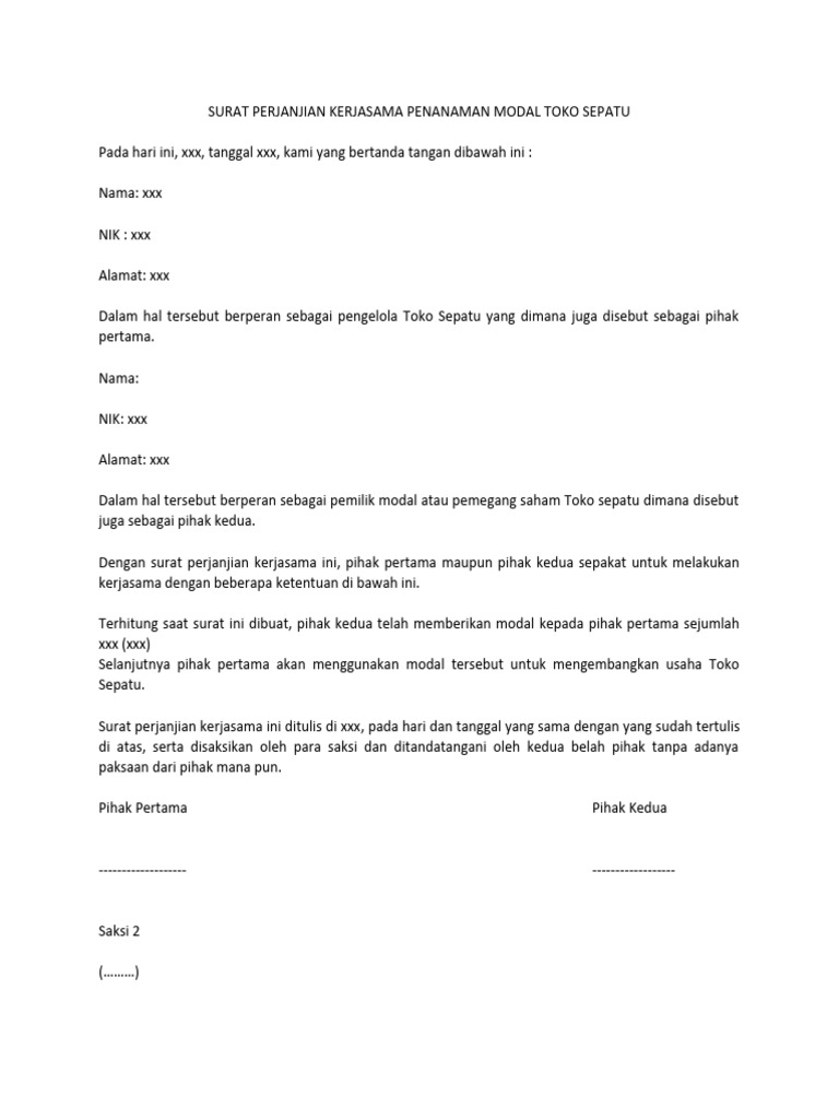 Surat Perjanjian Kerjasama Penanaman Modal Toko Se…