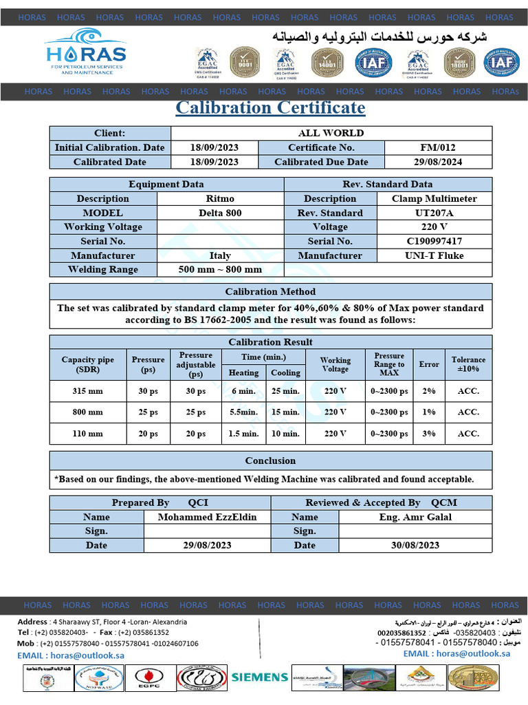 Welding Machine Calibration Certificate | PDF