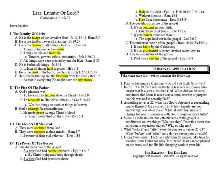 Hallman Colossians 04 1.15-23 Outline | PDF | Jesus | Epistle To The ...