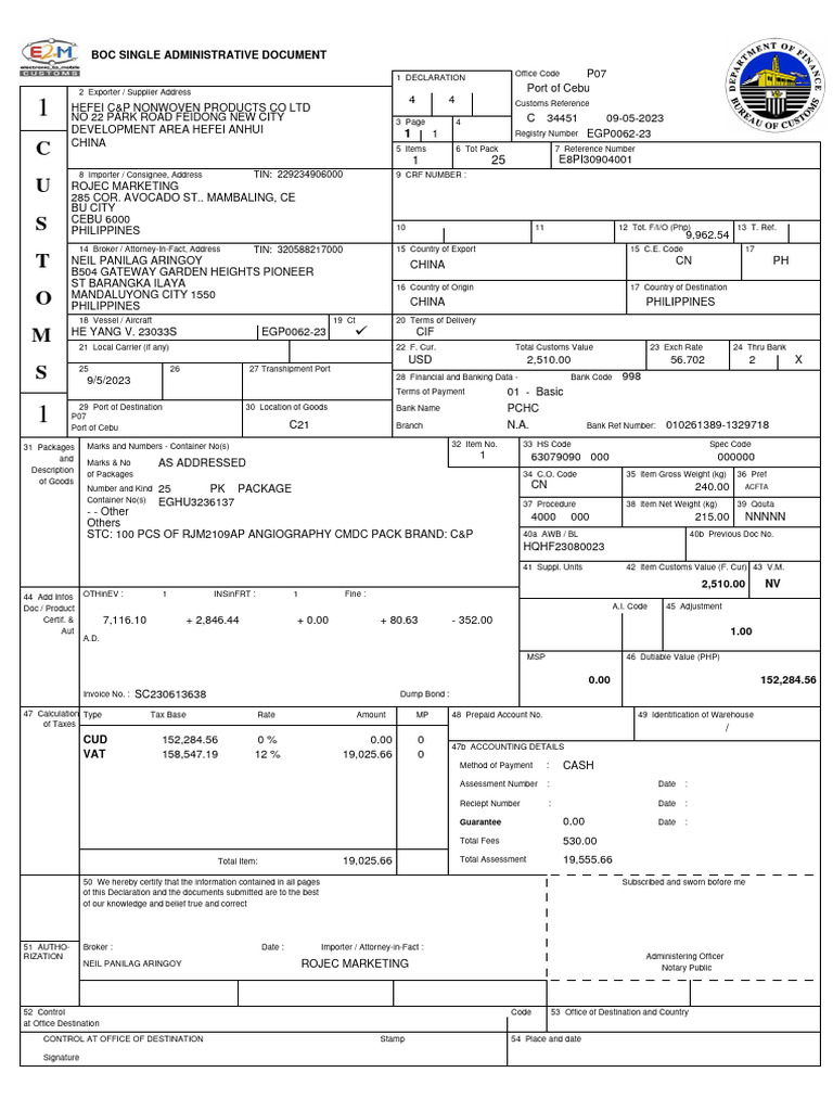 Rojec Marketing Customs Declaration | PDF | Taxes | Value Added Tax