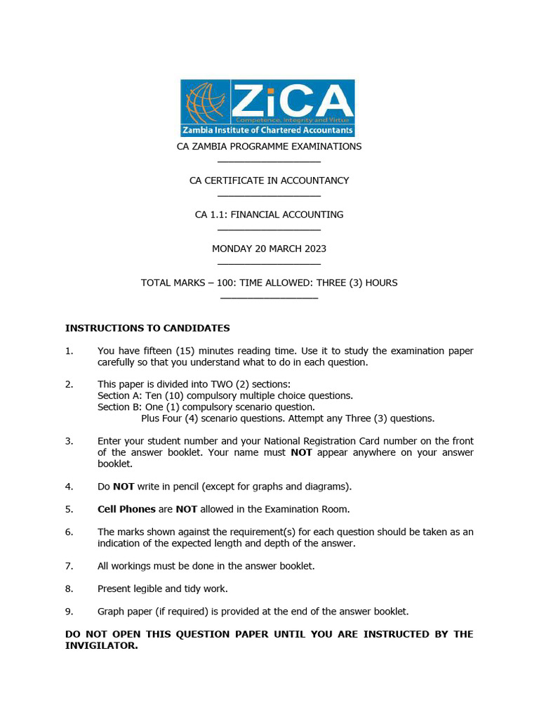 CA Zambia Financial Accounting Exam | PDF | Business