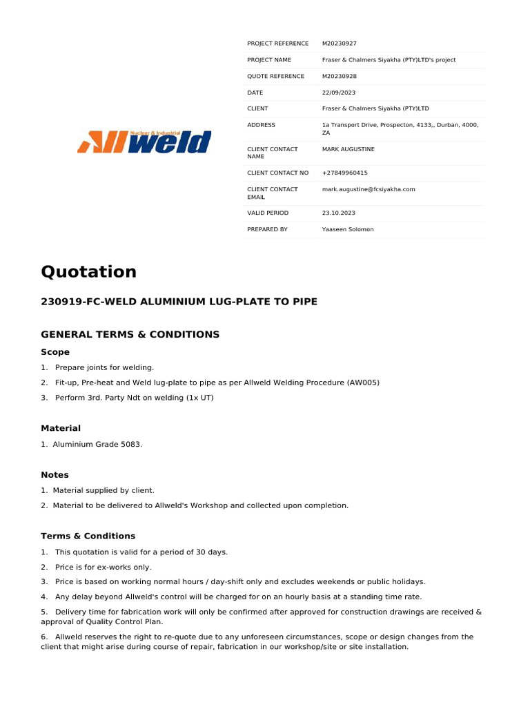 Quotation for Welding Services | PDF